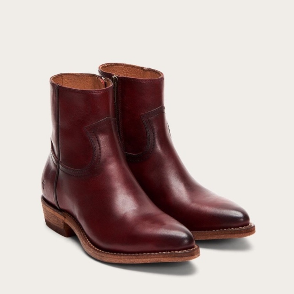 Frye Billy Burgundy Leather Zip Short Ankle Boots - Picture 4 of 16